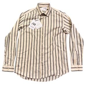 NWT‎ SELECTED HOMME Cream Navy Stripe Crepe Shirt Long Sleeve Regular Fit Mens L